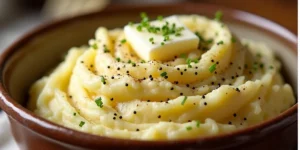 A bowl of tasty mashed potatoes vegetarian-style, made with milk and garnished with parsley and roasted garlic