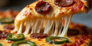 A homemade easy spicy pizza topped with pepperoni, jalapeños, and red pepper flakes for a fiery flavor.