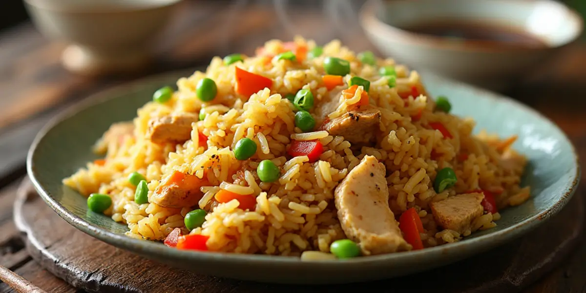 A plate of easy Chicken Fried Rice for Beginners, featuring tender chicken, colorful vegetables, and a golden, crispy stir-fried texture, garnished with green onions