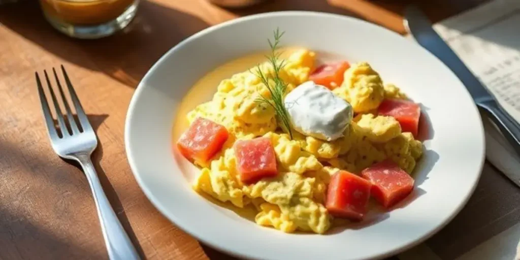 A plated dish of scrambled eggs with smoked trout, crème fraîche, arugula salad, and toasted bread