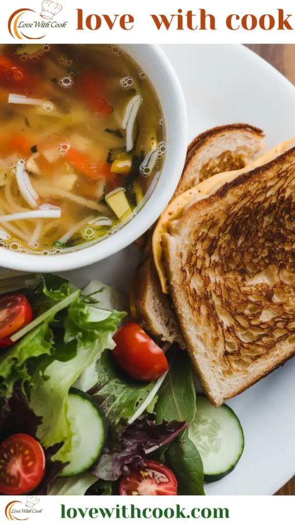 A bowl of chicken noodle soup served with a side of grilled cheese sandwich