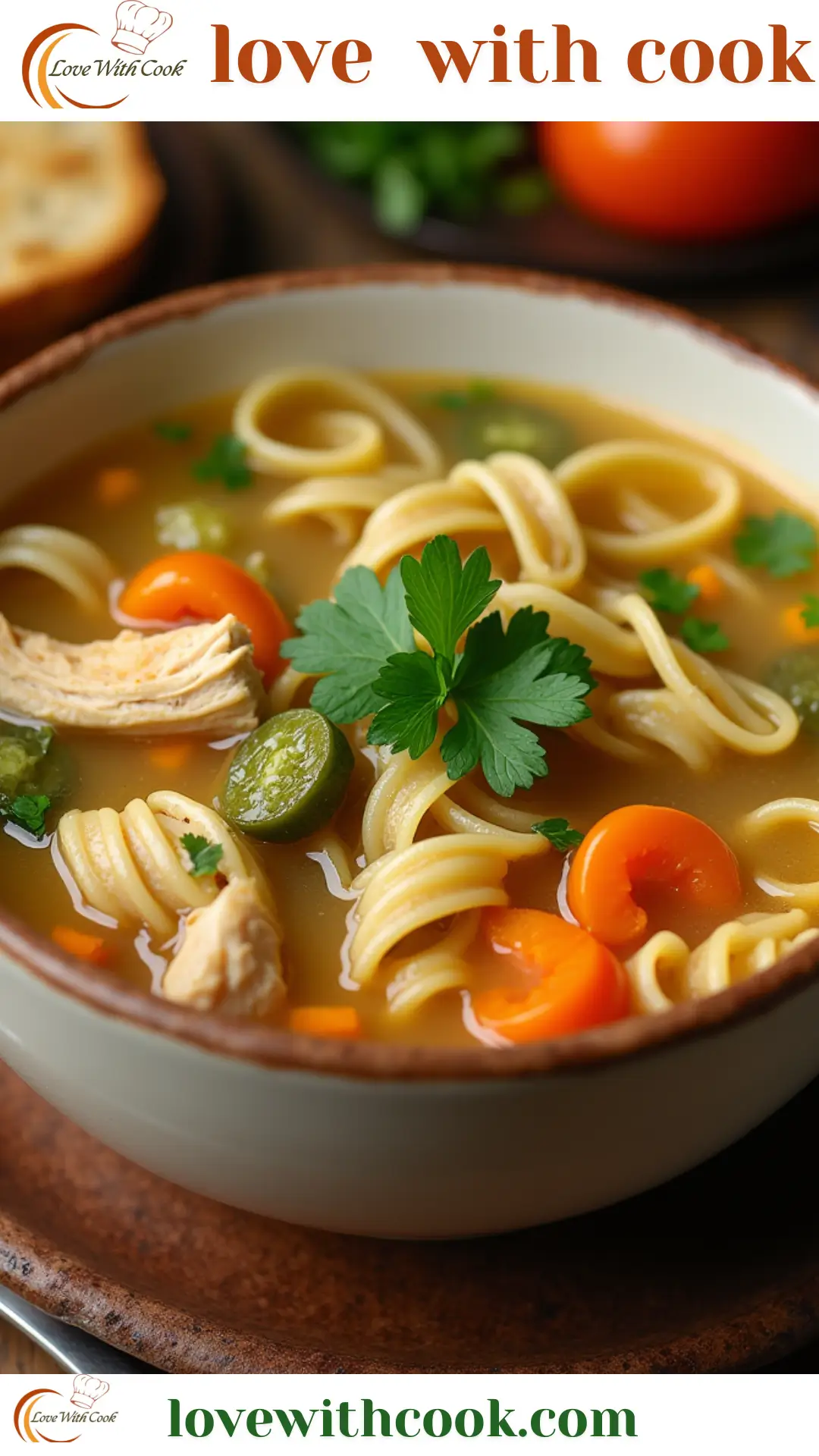 A steaming bowl of Chicken Noodle Soup, ready to be served