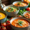 An assortment of healthy soups on a wooden table, featuring protein-packed chicken and quinoa soup, vibrant vegetable soup with carrots and spinach, creamy sweet potato soup, and light tomato-basil soup, all garnished with fresh herbs and served in colorful bowls, with vegetables and herbs placed around them