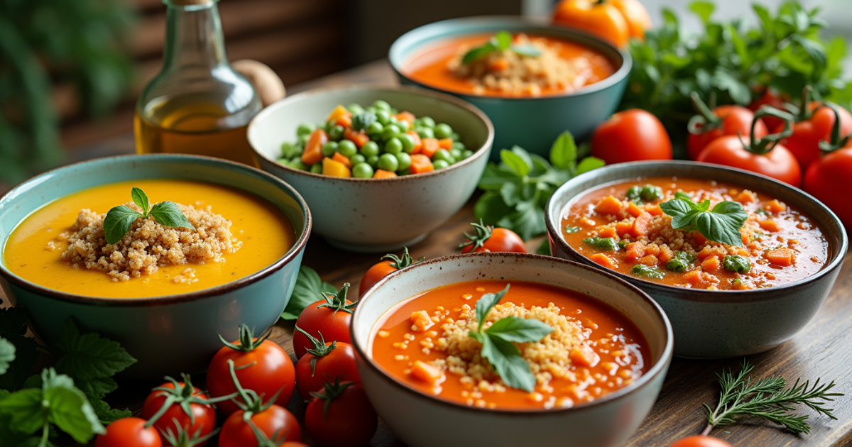 An assortment of healthy soups on a wooden table, featuring protein-packed chicken and quinoa soup, vibrant vegetable soup with carrots and spinach, creamy sweet potato soup, and light tomato-basil soup, all garnished with fresh herbs and served in colorful bowls, with vegetables and herbs placed around them