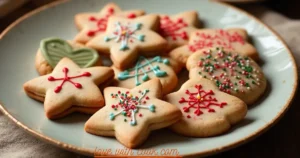 A plate of decorated sugar cookies with colorful icing and sprinkles, placed on a wooden table with a cup of hot cocoa nearby.