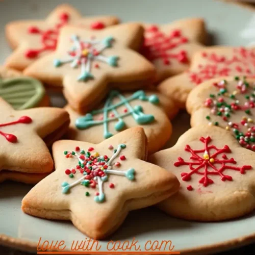 A plate of decorated sugar cookies with colorful icing and sprinkles, placed on a wooden table with a cup of hot cocoa nearby.