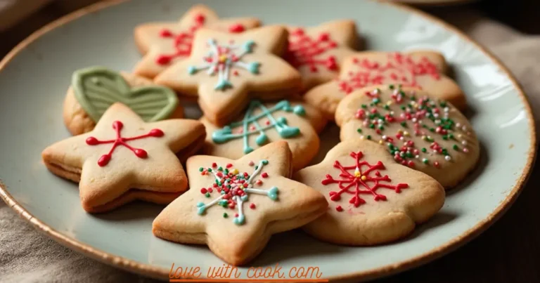 A plate of decorated sugar cookies with colorful icing and sprinkles, placed on a wooden table with a cup of hot cocoa nearby.